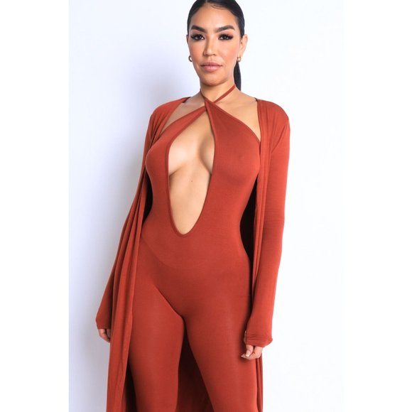 Women's Open Center Halter Jumpsuit with Cardigan Set Red Cross Neck - Picture 2 of 8